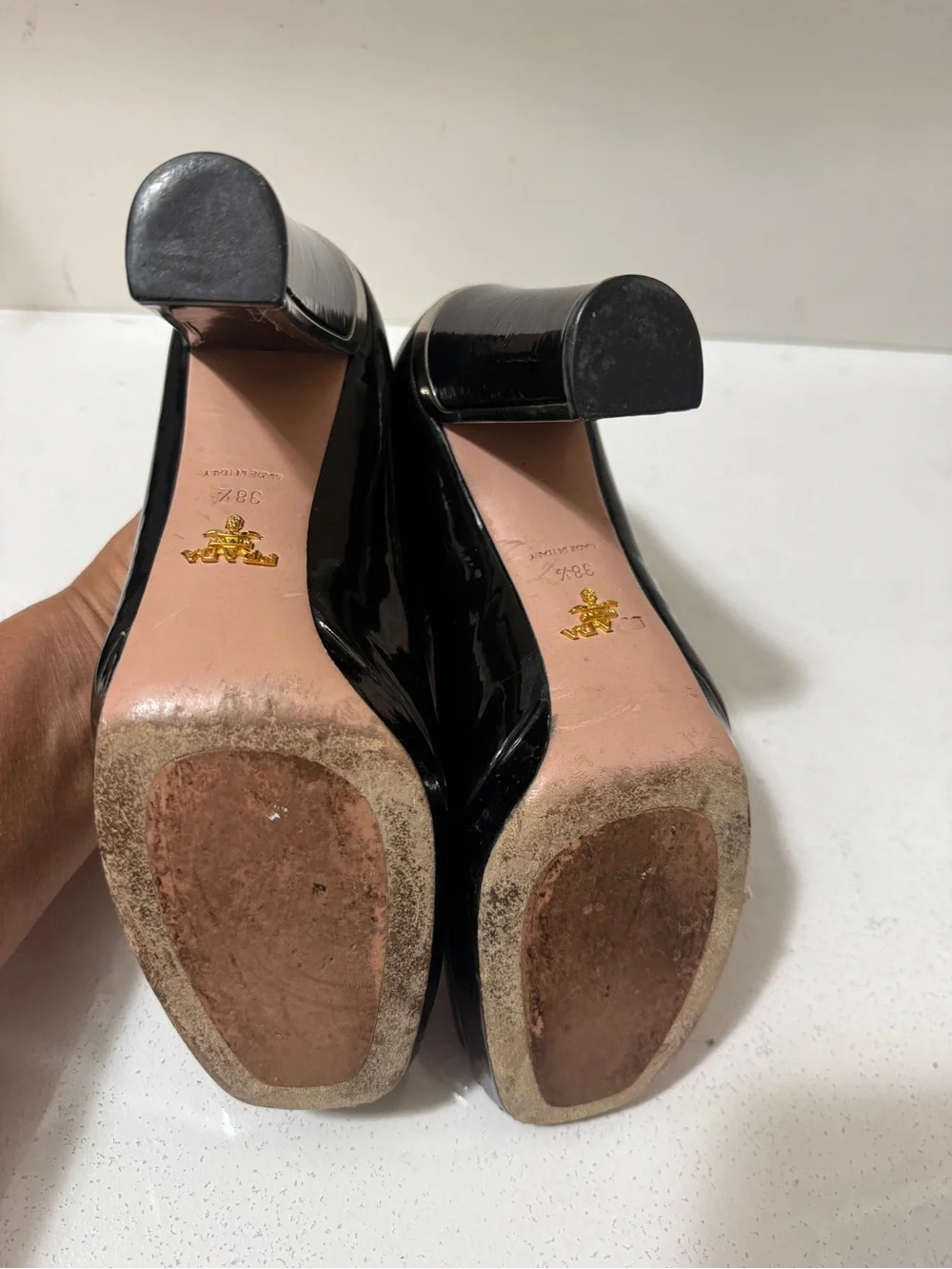 Prada Black Patent Peep-Toe Heels. Chic and very comfy, perfect for wider feet